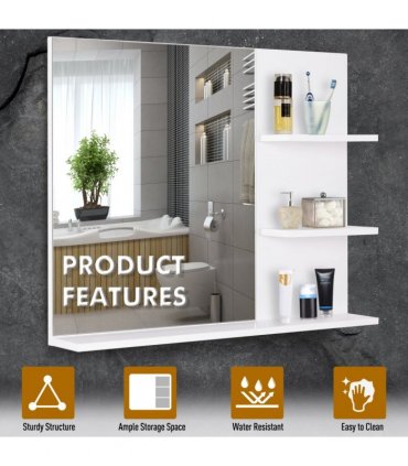 Modern Bathroom Wall Mounted Mirror with 3 Storage Open Shelves, White