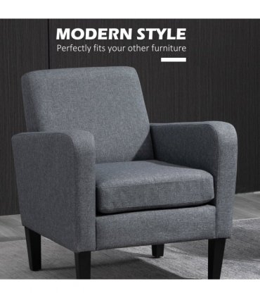 Linen Modern-Curved Armchair Accent Seat w/ Thick Cushion Wood Legs Grey