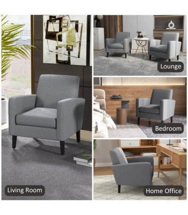 Linen Modern-Curved Armchair Accent Seat w/ Thick Cushion Wood Legs Grey