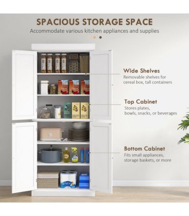 Freestanding Kitchen Cupboard, 6-Tier Cabinet Organizer w/ 4 Adjustable, White