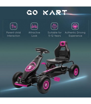 Children Pedal Go Kart w/ Adjustable Seat, Rubber Wheels, Brake - Pink
