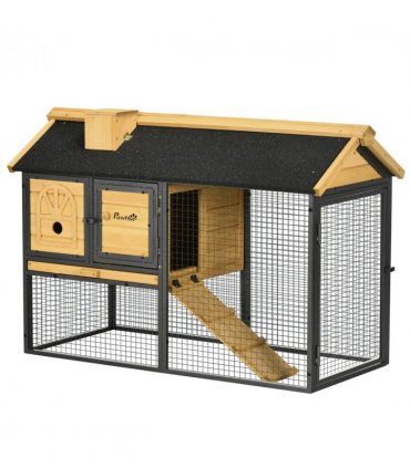 Outdoor Rabbit Hutch 120L x 55.5W x 80H cm Wood and Steel Black Two-tier Design
