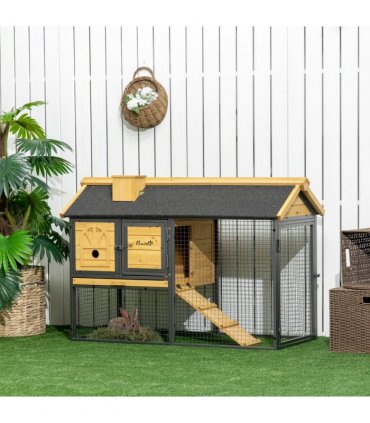Outdoor Rabbit Hutch 120L x 55.5W x 80H cm Wood and Steel Black Two-tier Design