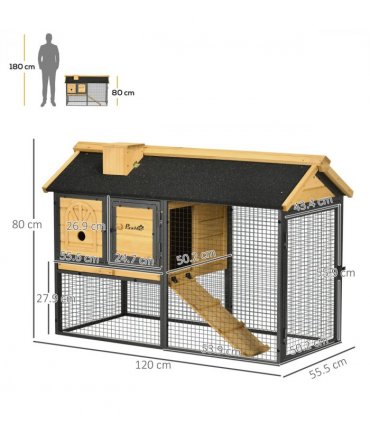 Outdoor Rabbit Hutch 120L x 55.5W x 80H cm Wood and Steel Black Two-tier Design