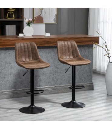 Set Of 2 Microfibre Retro Tub Bar Stools w/ Metal Frame Footrest Home Seat Brown
