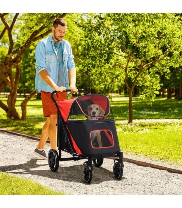 PawHut Foldable Dog Carriage w/ Universal Wheels, Shock Absorber - Red