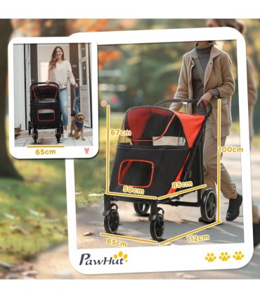 PawHut Foldable Dog Carriage w/ Universal Wheels, Shock Absorber - Red