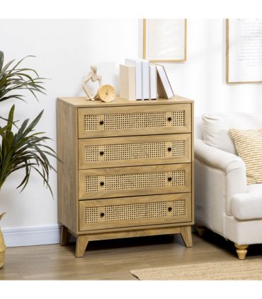 Rattan Chest of Drawers 4-Drawer Dresser Storage Cabinet Bedroom, Wood Effect