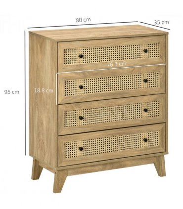 Rattan Chest of Drawers 4-Drawer Dresser Storage Cabinet Bedroom, Wood Effect