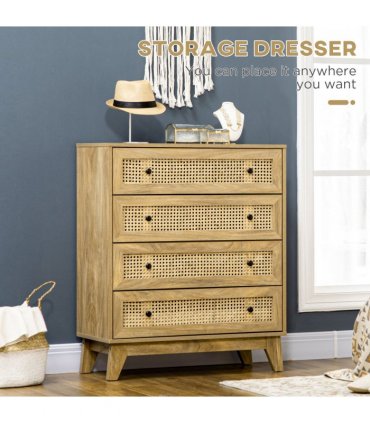 Rattan Chest of Drawers 4-Drawer Dresser Storage Cabinet Bedroom, Wood Effect
