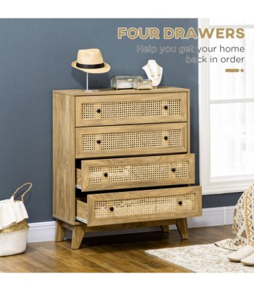 Rattan Chest of Drawers 4-Drawer Dresser Storage Cabinet Bedroom, Wood Effect