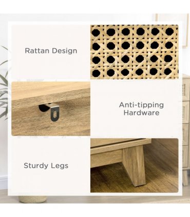 Rattan Chest of Drawers 4-Drawer Dresser Storage Cabinet Bedroom, Wood Effect