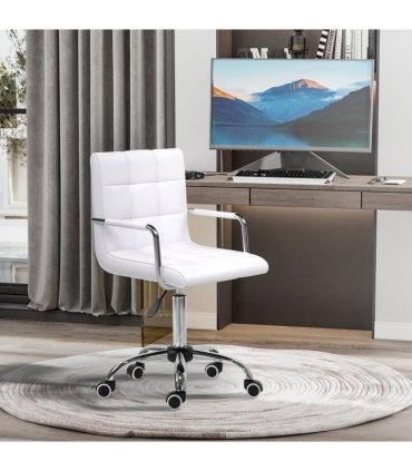 Mid Back PU Leather Home Office Chair Swivel Desk Chair with Arm, Wheel, White