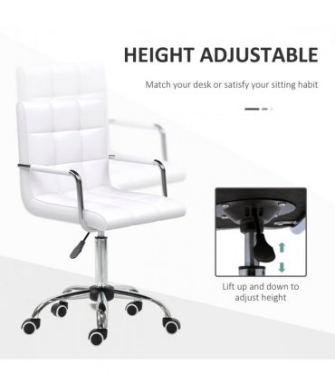 Mid Back PU Leather Home Office Chair Swivel Desk Chair with Arm, Wheel, White