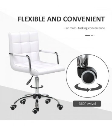 Mid Back PU Leather Home Office Chair Swivel Desk Chair with Arm, Wheel, White
