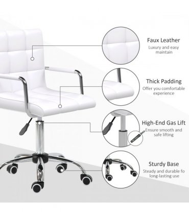 Mid Back PU Leather Home Office Chair Swivel Desk Chair with Arm, Wheel, White