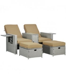5-level Adjustable Rattan Sun Lounger w/ Storage Tea Table & Footstools, Beige
