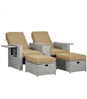 5-level Adjustable Rattan Sun Lounger w/ Storage Tea Table & Footstools, Beige