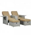 5-level Adjustable Rattan Sun Lounger w/ Storage Tea Table & Footstools, Beige