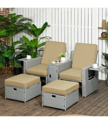 5-level Adjustable Rattan Sun Lounger w/ Storage Tea Table & Footstools, Beige