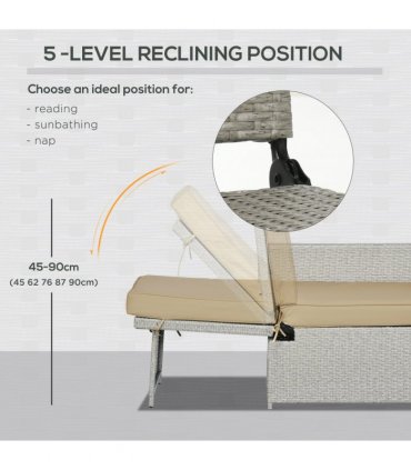 5-level Adjustable Rattan Sun Lounger w/ Storage Tea Table & Footstools, Beige
