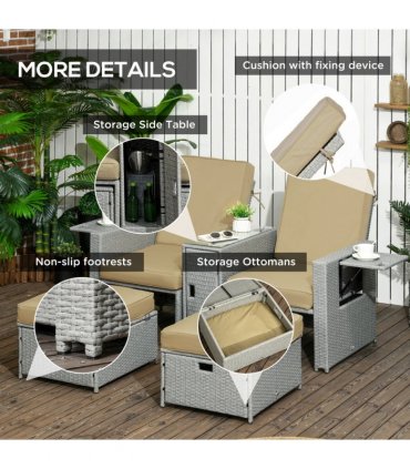 5-level Adjustable Rattan Sun Lounger w/ Storage Tea Table & Footstools, Beige