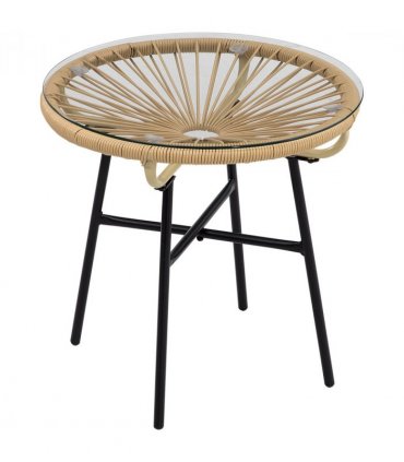 Side Table Black PE Rattan 50cmx50cmx50cm Round Vine Drawing Design Glass Top