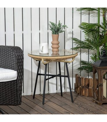 Side Table Black PE Rattan 50cmx50cmx50cm Round Vine Drawing Design Glass Top