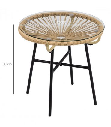Side Table Black PE Rattan 50cmx50cmx50cm Round Vine Drawing Design Glass Top