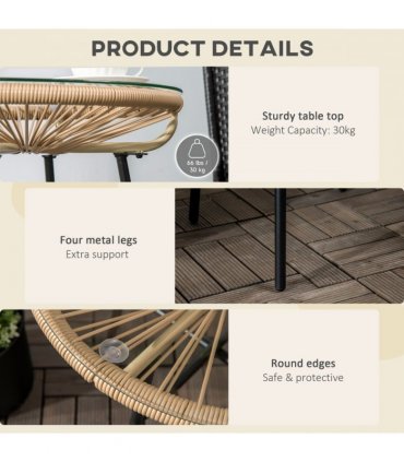 Side Table Black PE Rattan 50cmx50cmx50cm Round Vine Drawing Design Glass Top