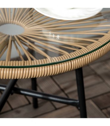 Side Table Black PE Rattan 50cmx50cmx50cm Round Vine Drawing Design Glass Top