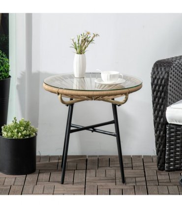 Side Table Black PE Rattan 50cmx50cmx50cm Round Vine Drawing Design Glass Top