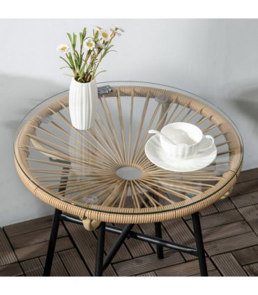 Side Table Black PE Rattan 50cmx50cmx50cm Round Vine Drawing Design Glass Top