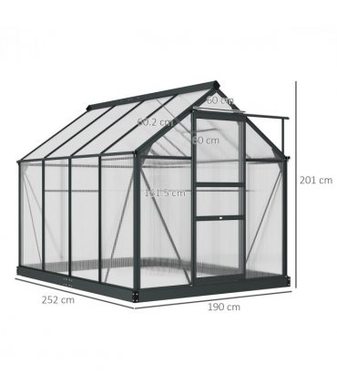 Greenhouse Polycarbonate Grey 190cm x 252cm x 201cm Aluminium Frame Slide Door