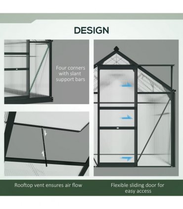 Greenhouse Polycarbonate Grey 190cm x 252cm x 201cm Aluminium Frame Slide Door