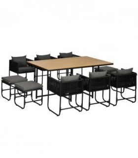 Dining Set, Rattan, Black, 165cmx110cmx75cm, 11-PC, 10-seater Table & Chair