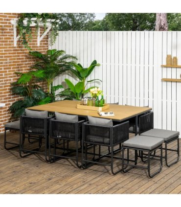 Dining Set, Rattan, Black, 165cmx110cmx75cm, 11-PC, 10-seater Table & Chair