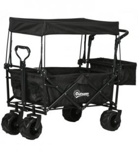 Trolley Cart Storage Wagon 4 Wheels w/ 2 Compartments Handle, Canopy, Black