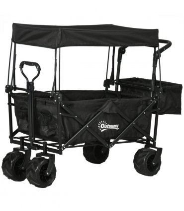 Trolley Cart Storage Wagon 4 Wheels w/ 2 Compartments Handle, Canopy, Black