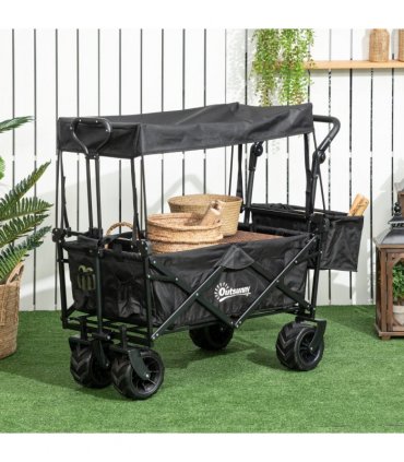 Trolley Cart Storage Wagon 4 Wheels w/ 2 Compartments Handle, Canopy, Black