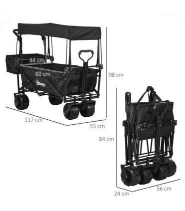Trolley Cart Storage Wagon 4 Wheels w/ 2 Compartments Handle, Canopy, Black
