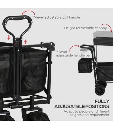 Trolley Cart Storage Wagon 4 Wheels w/ 2 Compartments Handle, Canopy, Black