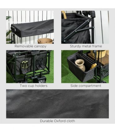 Trolley Cart Storage Wagon 4 Wheels w/ 2 Compartments Handle, Canopy, Black