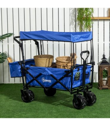 Trolley Cart Storage Wagon 4 Wheels w/ 2 Compartments Handle, Canopy, Blue