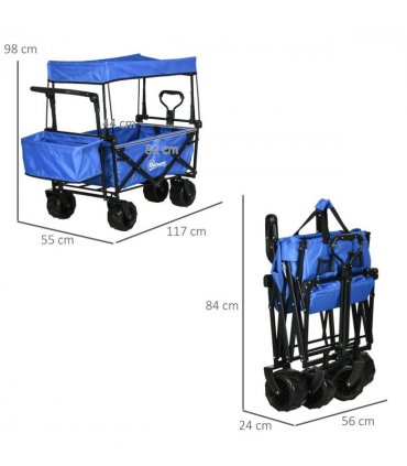 Trolley Cart Storage Wagon 4 Wheels w/ 2 Compartments Handle, Canopy, Blue