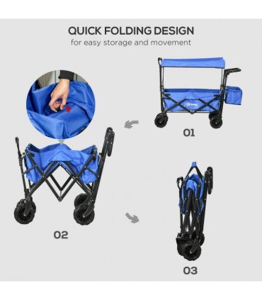 Trolley Cart Storage Wagon 4 Wheels w/ 2 Compartments Handle, Canopy, Blue