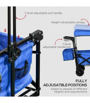 Trolley Cart Storage Wagon 4 Wheels w/ 2 Compartments Handle, Canopy, Blue