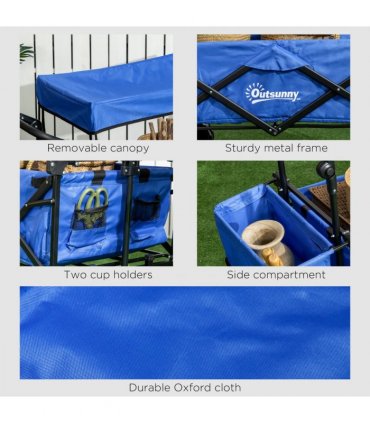 Trolley Cart Storage Wagon 4 Wheels w/ 2 Compartments Handle, Canopy, Blue