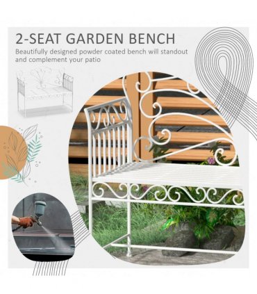 2 Seater Metal Bench Park Seating Outdoor Furniture Chair w/ Backrest White