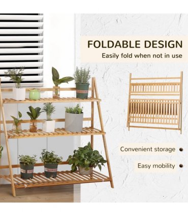 Bamboo Natural wood finish 98cmx37cmx96.5cm 3-Tier Folding Plant Stand